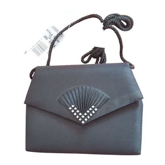 Vintage 90s Black Evening Bag Rhinestone Fan Purse Handbag Deco Prom - Picture 1 of 4